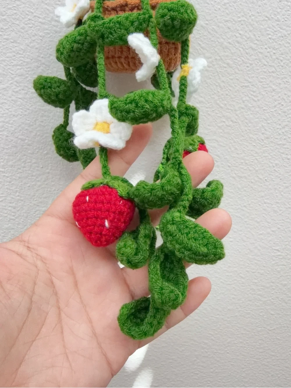 Handmade Crochet Hanging Strawberry Plant Decor - Green & Red